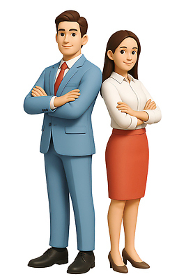 전신 PSD 편집이미지 여자 남자 3D캐릭터 미소 정장 성인 두명 3D 팔짱 등맞대기 비즈니스맨 비즈니스우먼 비즈니스캐릭터 성인만 편집3D 캐릭터 옷 비즈니스 모션 표정 사람 직장인 디지털합성 파일형식