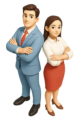 전신 PSD 편집이미지 여자 남자 3D캐릭터 미소 정장 성인 두명 하이앵글 3D 팔짱 등맞대기 비즈니스맨 비즈니스우먼 비즈니스캐릭터 성인만 편집3D 캐릭터 옷 뷰포인트 비즈니스 모션 표정 사람 직장인 디지털합성 파일형식