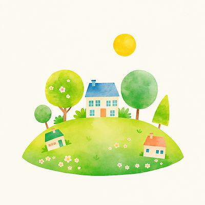 JPG 나무 꽃 일러스트 수채화 주택 잔디 사람없음 연두색 태양 마을 언덕 국내일러스트 AI일러스트 AI콘텐츠 자연요소 식물 건물 초록색 파일형식