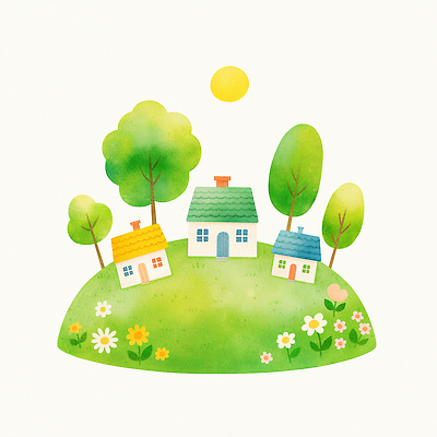 JPG 나무 꽃 일러스트 수채화 주택 잔디 사람없음 연두색 태양 마을 언덕 국내일러스트 AI일러스트 AI콘텐츠 자연요소 식물 건물 초록색 파일형식