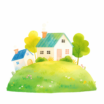 JPG 나무 꽃 일러스트 수채화 주택 잔디 사람없음 연두색 마을 연기 언덕 국내일러스트 AI일러스트 AI콘텐츠 식물 건물 초록색 파일형식