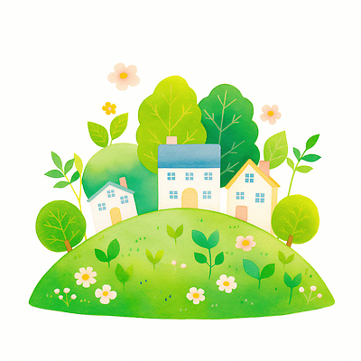 JPG 나무 꽃 일러스트 수채화 주택 잔디 사람없음 연두색 새싹 마을 언덕 국내일러스트 AI일러스트 AI콘텐츠 식물 건물 초록색 파일형식