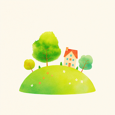 JPG 나무 꽃 일러스트 수채화 주택 잔디 사람없음 연두색 언덕 국내일러스트 AI일러스트 AI콘텐츠 식물 건물 초록색 파일형식