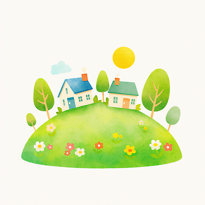 JPG 나무 구름 꽃 일러스트 수채화 주택 잔디 사람없음 연두색 태양 마을 연기 언덕 국내일러스트 AI일러스트 AI콘텐츠 자연요소 식물 건물 초록색 파일형식