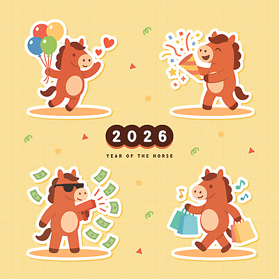 스티커 지폐 음표 일러스트 새해 폭죽 미소 웃음 들기 사람없음 세트 선글라스 노란색 손들기 걷기 점프 하트 꽃가루 풍선 엘리먼트 총쏘기 머니건 일러캐릭터 병오년 붉은말 붉은말캐릭터 AI파일 모양 캐릭터 기호 안경 음악 컬러 돈 모션 표정 총 말_동물 가루 말캐릭터 파일형식 벡터 2026년