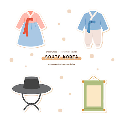 한국전통 전통문화 일러스트 사람없음 세트 두루마리 오브젝트 족자 남자한복 여자한복 국내일러스트 AI파일 갓모자 모자_잡화 전통 문화 전통소품 한국 한복 파일형식 벡터