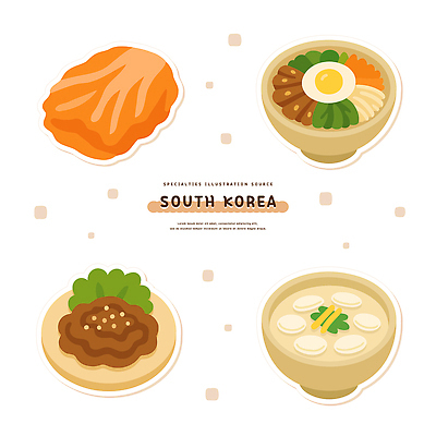 한국전통 그릇 접시 전통문화 일러스트 사람없음 세트 오브젝트 비빔밥 배추김치 떡국 불고기 국내일러스트 AI파일 전통 식기 문화 한식 김치 한국 전통음식 파일형식 벡터