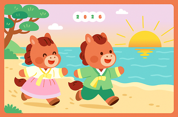 일러스트 하늘 새해 웃음 해변 사람없음 달리기 태양 일몰 소나무 한복 일러캐릭터 병오년 붉은말 붉은말캐릭터 AI파일 자연요소 나무 캐릭터 한국전통 바다 모션 표정 노을 말_동물 전통의상 말캐릭터 파일형식 벡터 2026년