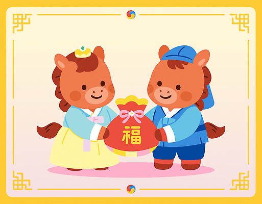 일러스트 새해 복주머니 미소 들기 사람없음 전통문양 복 한복 족두리 복건 일러캐릭터 병오년 붉은말 붉은말캐릭터 AI파일 캐릭터 한국전통 전통 문양 모션 전통소품 표정 한자 말_동물 전통의상 말캐릭터 파일형식 벡터 2026년