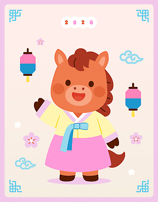 일러스트 새해 미소 사람없음 전통문양 한복 청사초롱 손인사 무궁화 일러캐릭터 병오년 붉은말 붉은말캐릭터 AI파일 캐릭터 한국전통 전통 문양 꽃 표정 인사 말_동물 전통의상 말캐릭터 초롱 파일형식 벡터 2026년