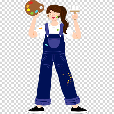 전신 편집이미지 여자 한명 웃음 누끼 성인 물감 얼룩 팔레트 멜빵바지 페인트붓 PNG 성인여자한명만 1 바지 표정 사람 미술도구 붓 멜빵 여자한명만 성인여자만 파일형식