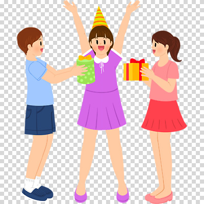 전신 편집이미지 여자 남자 어린이 웃음 들기 누끼 소녀 소년 세명 선물상자 만세 고깔모자 즐거움 주기 생일선물 PNG 어린이만 모자_잡화 감정 모션 표정 선물 사람 상자 생일 파일형식