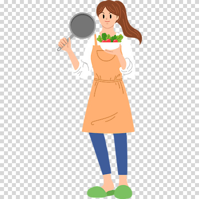 1 식기 음식 모션 주방용품 표정 사람 여자한명만 성인여자만 파일형식 요리 미소 앞치마 그릇 샐러드 프라이팬 들기 전신 한명 여자 성인여자한명만 성인 편집이미지 PNG 누끼