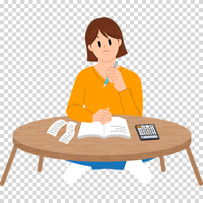1 감정 가구 모션 문구용품 사람 앉기 금융 필기구 장비 여자한명만 성인여자만 파일형식 들기 펜 영수증 책 계산기 탁자 가부좌 갸우뚱 고민 전신 한명 여자 성인여자한명만 성인 편집이미지 PNG 누끼