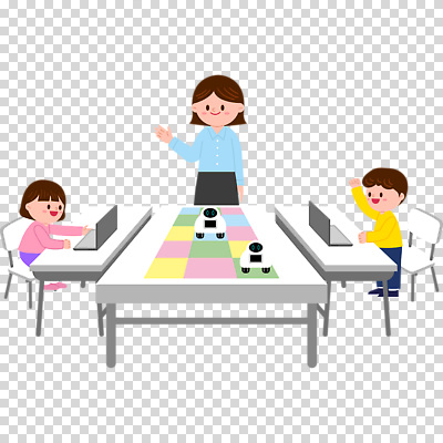 전신 편집이미지 여자 남자 어린이 의자 미소 누끼 앉기 소녀 소년 성인 세명 노트북 손들기 교사 가리킴 로봇 책상 PNG 코딩 직업 가구 모션 표정 사람 손짓 전자제품 컴퓨터교육 파일형식