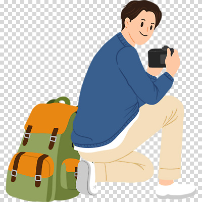 1 가방 모션 표정 사람 전자제품 남자한명만 성인남자만 파일형식 뒤돌아보기 미소 배낭 무릎꿇기 카메라 들기 전신 한명 남자 성인남자한명만 성인 편집이미지 PNG 누끼