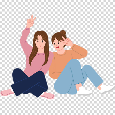 표정 사람 앉기 손짓 촬영 여자만 성인만 파일형식 웃음 미소 사진촬영 포즈 브이 가부좌 전신 두명 여자 성인여자만 성인 편집이미지 PNG 누끼