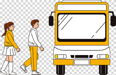 육상교통 컬러 모션 대중교통 표정 사람 파일형식 미소 노란색 버스 성인만 성인 승차 걷기 전신 두명 남자 여자 편집이미지 PNG 누끼