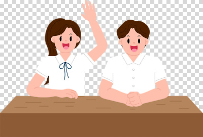 편집이미지 여자 남자 교복 청소년 수업 미소 누끼 앉기 상반신 두명 손들기 책상 PNG 십대만 옷 교육 가구 모션 표정 사람 파일형식