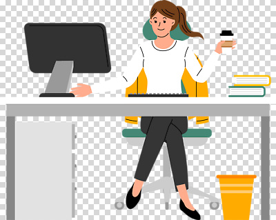 1 가구 의자 비즈니스 모션 표정 사람 컵 컴퓨터 여자한명만 성인여자만 파일형식 사무실 앉기 미소 들기 테이크아웃컵 키보드 책 바퀴의자 모니터 서랍장 책상 쓰레기통 한명 여자 성인여자한명만 성인 편집이미지 PNG 전신 누끼