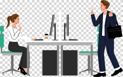 여자 남자 가구 의자 회사 비즈니스 모션 사람 컴퓨터 인사 직장인 출퇴근 파일형식 퇴근 책상 일어나기 앉기 비즈니스우먼 비즈니스맨 직장 사무실 바퀴의자 파티션 모니터 손인사 두명 성인만 성인 편집이미지 PNG 전신 누끼