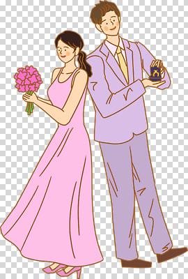 전신 편집이미지 여자 남자 분홍색 부케 미소 들기 누끼 성인 두명 등맞대기 결혼반지 반지케이스 PNG 신랑신부 성인만 신부_웨딩 컬러 꽃다발 신랑 결혼 모션 표정 사람 반지 보관함 파일형식