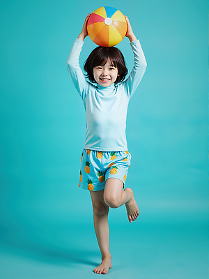 JPG 전신 편집이미지 남자 수영복 어린이 하늘색 한명 미소 들기 소년 여름 비치볼 즐거움 다리들기 의료성형뷰티 소년한명만 편집실사 AI인물포토 AI콘텐츠 1 옷 계절 감정 공 모션 바캉스용품 표정 사람 파란색 CG 남자한명만 소년만 파일형식 AI포토