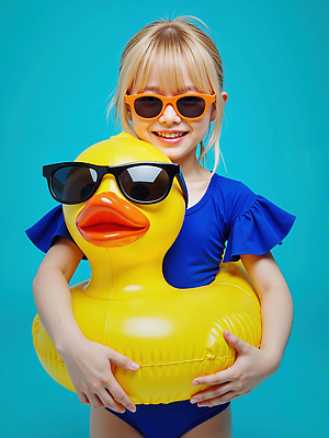 JPG 편집이미지 여자 어린이 하늘색 한명 미소 소녀 여름 선글라스 노란색 잡기 즐거움 오리튜브 의료성형뷰티 소녀한명만 편집실사 AI인물포토 AI콘텐츠 1 계절 감정 안경 컬러 모션 표정 사람 파란색 CG 튜브 여자한명만 소녀만 파일형식 AI포토