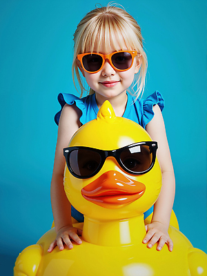 JPG 편집이미지 여자 어린이 하늘색 한명 미소 소녀 여름 선글라스 노란색 잡기 즐거움 오리튜브 의료성형뷰티 소녀한명만 편집실사 AI인물포토 AI콘텐츠 1 계절 감정 안경 컬러 모션 표정 사람 파란색 CG 튜브 여자한명만 소녀만 파일형식 AI포토