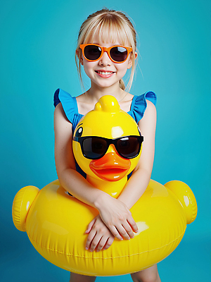 JPG 편집이미지 여자 어린이 하늘색 한명 미소 소녀 여름 선글라스 노란색 잡기 즐거움 오리튜브 의료성형뷰티 소녀한명만 편집실사 AI인물포토 AI콘텐츠 1 계절 감정 안경 컬러 모션 표정 사람 파란색 CG 튜브 여자한명만 소녀만 파일형식 AI포토