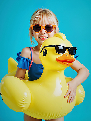 JPG 편집이미지 여자 어린이 하늘색 한명 미소 소녀 여름 선글라스 노란색 잡기 즐거움 오리튜브 의료성형뷰티 소녀한명만 편집실사 AI인물포토 AI콘텐츠 1 계절 감정 안경 컬러 모션 표정 사람 파란색 CG 튜브 여자한명만 소녀만 파일형식 AI포토