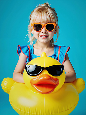 JPG 편집이미지 여자 어린이 하늘색 한명 미소 소녀 여름 선글라스 노란색 잡기 즐거움 오리튜브 의료성형뷰티 소녀한명만 편집실사 AI인물포토 AI콘텐츠 1 계절 감정 안경 컬러 모션 표정 사람 파란색 CG 튜브 여자한명만 소녀만 파일형식 AI포토