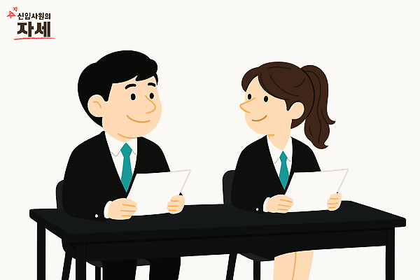 여자 남자 의자 일러스트 미소 들기 앉기 정장 성인 두명 마주보기 비즈니스맨 비즈니스우먼 책상 신입사원 문서 성인만 국내일러스트 AI파일 옷 가구 비즈니스 모션 표정 사람 직장인 파일형식 벡터