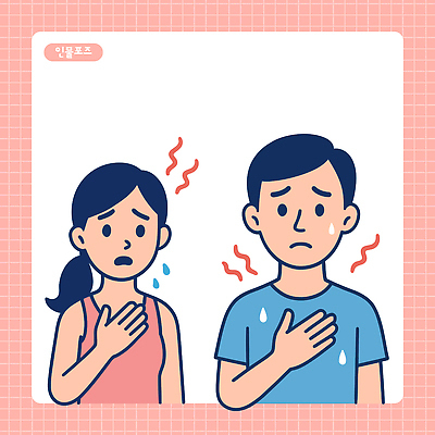 여자 남자 일러스트 미소 상반신 성인 두명 잡기 뜨거움 더위 땀 발열 울상 성인만 땀흘리기 일러캐릭터 AI파일 캐릭터 컨셉 모션 날씨 표정 사람 파일형식 벡터