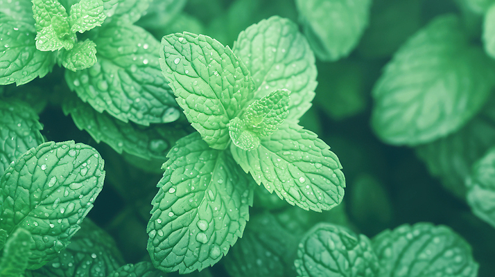 JPG 편집이미지 식재료 사람없음 초록색 이슬 빗방울 허브 식용 페퍼민트 편집실사 AI포토 AI콘텐츠 식물 컬러 비_날씨 민트 CG 파일형식