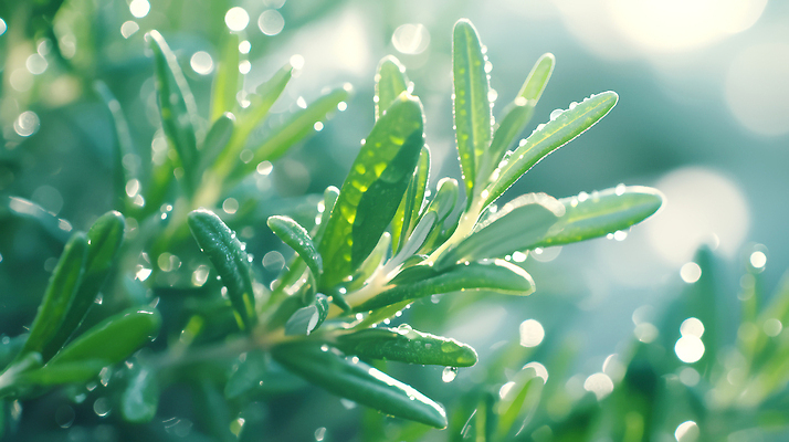 JPG 편집이미지 식재료 사람없음 초록색 이슬 빗방울 허브 로즈메리 식용 편집실사 AI포토 AI콘텐츠 식물 컬러 비_날씨 CG 파일형식
