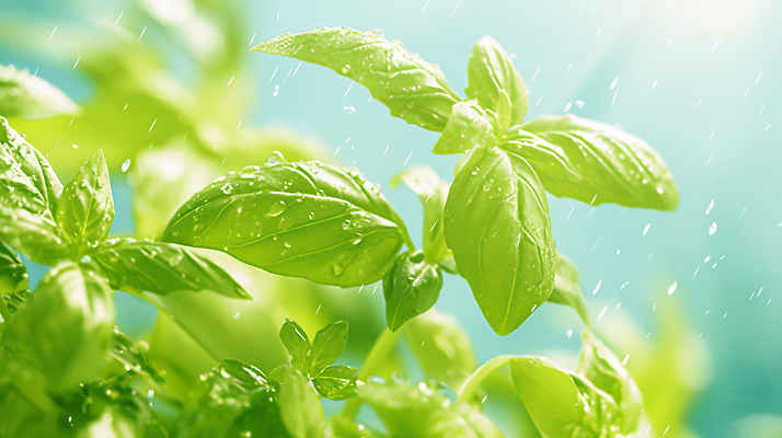 JPG 편집이미지 식재료 사람없음 초록색 빗방울 허브 바질 식용 편집실사 AI포토 AI콘텐츠 식물 컬러 비_날씨 CG 파일형식