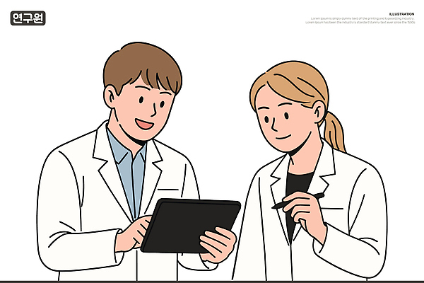 여자 남자 일러스트 미소 들기 상반신 성인 두명 태블릿 흰색 실험복 연구원 성인만 태블릿펜 국내일러스트 AI파일 직업 컬러 모션 표정 사람 전자제품 스마트기기 펜 가운 파일형식 벡터