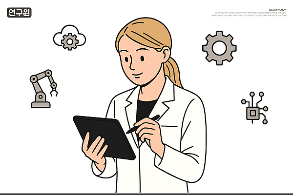 여자 일러스트 한명 미소 들기 상반신 성인 태블릿 흰색 실험복 회로판 연구원 톱니바퀴 클라우드서비스 성인여자한명만 국내일러스트 AI파일 직업 1 컬러 모션 표정 사람 전자제품 스마트기기 가운 서비스 여자한명만 성인여자만 파일형식 벡터