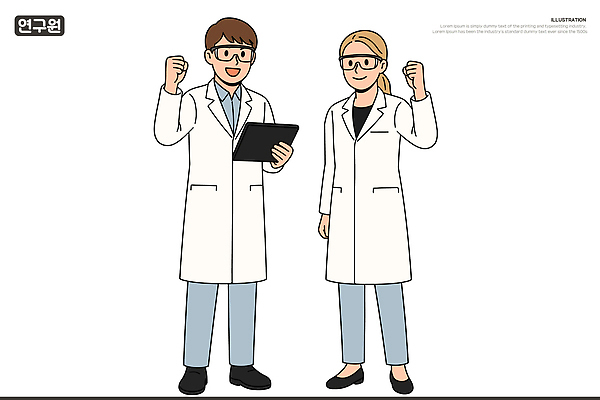 전신 여자 남자 일러스트 미소 들기 성인 두명 태블릿 손들기 파이팅 주먹 흰색 실험복 연구원 보안경 성인만 국내일러스트 AI파일 직업 컬러 모션 표정 사람 전자제품 스마트기기 가운 안전장비 파일형식 벡터