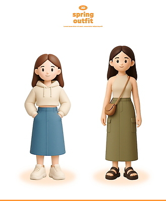 전신 PSD 편집이미지 여자 3D캐릭터 미소 성인 두명 민소매 3D 주머니손 크로스백 청치마 후드티셔츠 배꼽티 성인여자만 오오티디 편집3D 캐릭터 패션 상의 티셔츠 가방 모션 표정 사람 치마 디지털합성 신조어 여자만 성인만 파일형식