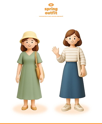전신 PSD 편집이미지 원피스 여자 3D캐릭터 미소 성인 두명 3D 손인사 청치마 벙거지모자 에코백 성인여자만 오오티디 편집3D 캐릭터 모자_잡화 옷 패션 가방 표정 사람 치마 인사 디지털합성 에코 신조어 여자만 성인만 파일형식