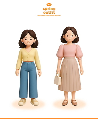 전신 PSD 편집이미지 여자 3D캐릭터 미소 성인 두명 치마 3D 핸드백 카디건 배꼽티 성인여자만 오오티디 편집3D 캐릭터 패션 가방 하의 표정 사람 외투 디지털합성 신조어 여자만 성인만 파일형식