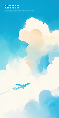 PSD 구름 하늘색 일러스트 하늘 비행기 사람없음 여름풍경 비행 감성 국내일러스트 자연요소 컨셉 항공교통 대중교통 풍경 파란색 파일형식 여름_계절