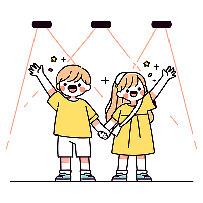 전신 여자 남자 어린이 일러스트 웃음 소녀 소년 두명 반짝임 손들기 귀여움 손잡기 무대 크로스백 스포트라이트 장기자랑 학예회 어린이만 일러캐릭터 AI파일 캐릭터 컨셉 가방 모션 표정 사람 발표회 파일형식 벡터