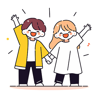 전신 여자 남자 어린이 일러스트 웃음 소녀 소년 두명 손들기 귀여움 손잡기 무대 장기자랑 학예회 어린이만 일러캐릭터 AI파일 캐릭터 컨셉 모션 표정 사람 발표회 파일형식 벡터