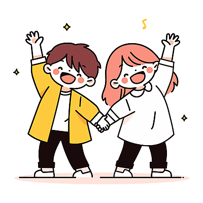 전신 여자 남자 어린이 일러스트 웃음 소녀 소년 두명 반짝임 손들기 귀여움 손잡기 무대 장기자랑 학예회 어린이만 일러캐릭터 AI파일 캐릭터 컨셉 모션 표정 사람 발표회 파일형식 벡터