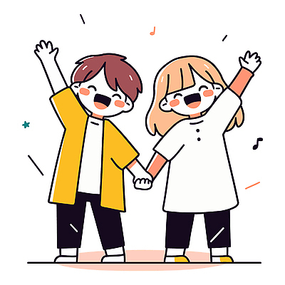 전신 여자 남자 어린이 음표 일러스트 웃음 소녀 소년 두명 손들기 귀여움 손잡기 무대 장기자랑 학예회 어린이만 일러캐릭터 AI파일 캐릭터 기호 음악 컨셉 모션 표정 사람 발표회 파일형식 벡터