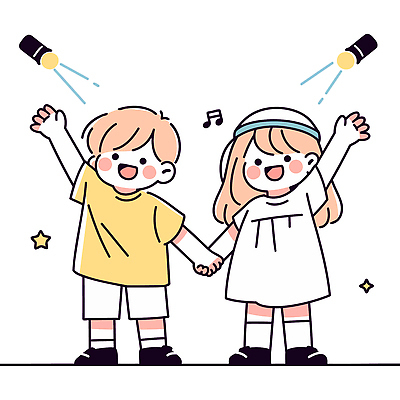 전신 모자 여자 남자 어린이 음표 일러스트 웃음 소녀 소년 두명 반짝임 손들기 귀여움 손잡기 무대 스포트라이트 장기자랑 학예회 어린이만 일러캐릭터 AI파일 캐릭터 기호 잡화 음악 컨셉 모션 표정 사람 발표회 파일형식 벡터