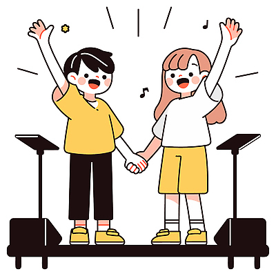 전신 여자 남자 어린이 음표 일러스트 웃음 소녀 소년 두명 손들기 귀여움 손잡기 무대 보면대 장기자랑 학예회 어린이만 일러캐릭터 AI파일 캐릭터 기호 음악 컨셉 모션 표정 사람 발표회 파일형식 벡터